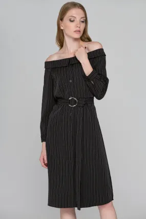 Dark Brown Pin Striped Off-the-Shoulder Midi Dress