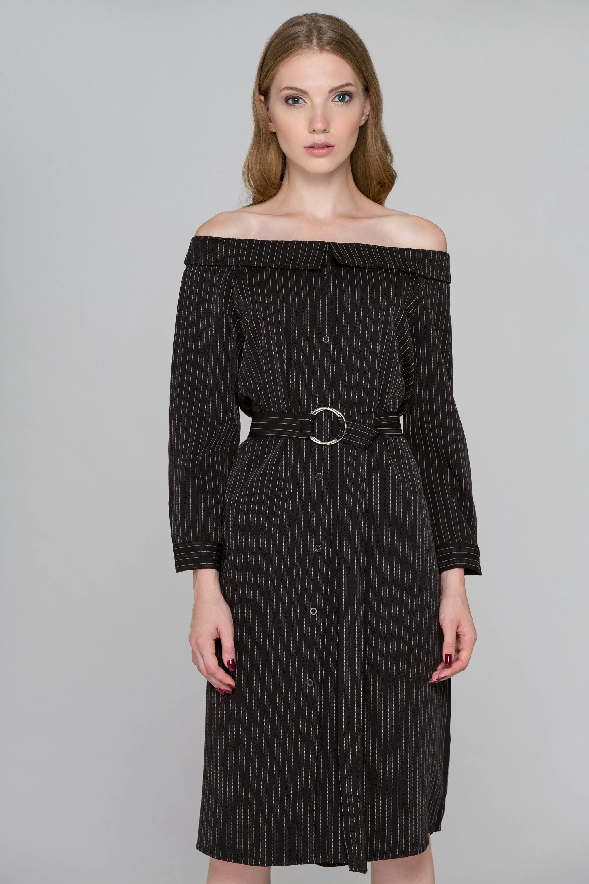 Dark Brown Pin Striped Off-the-Shoulder Midi Dress