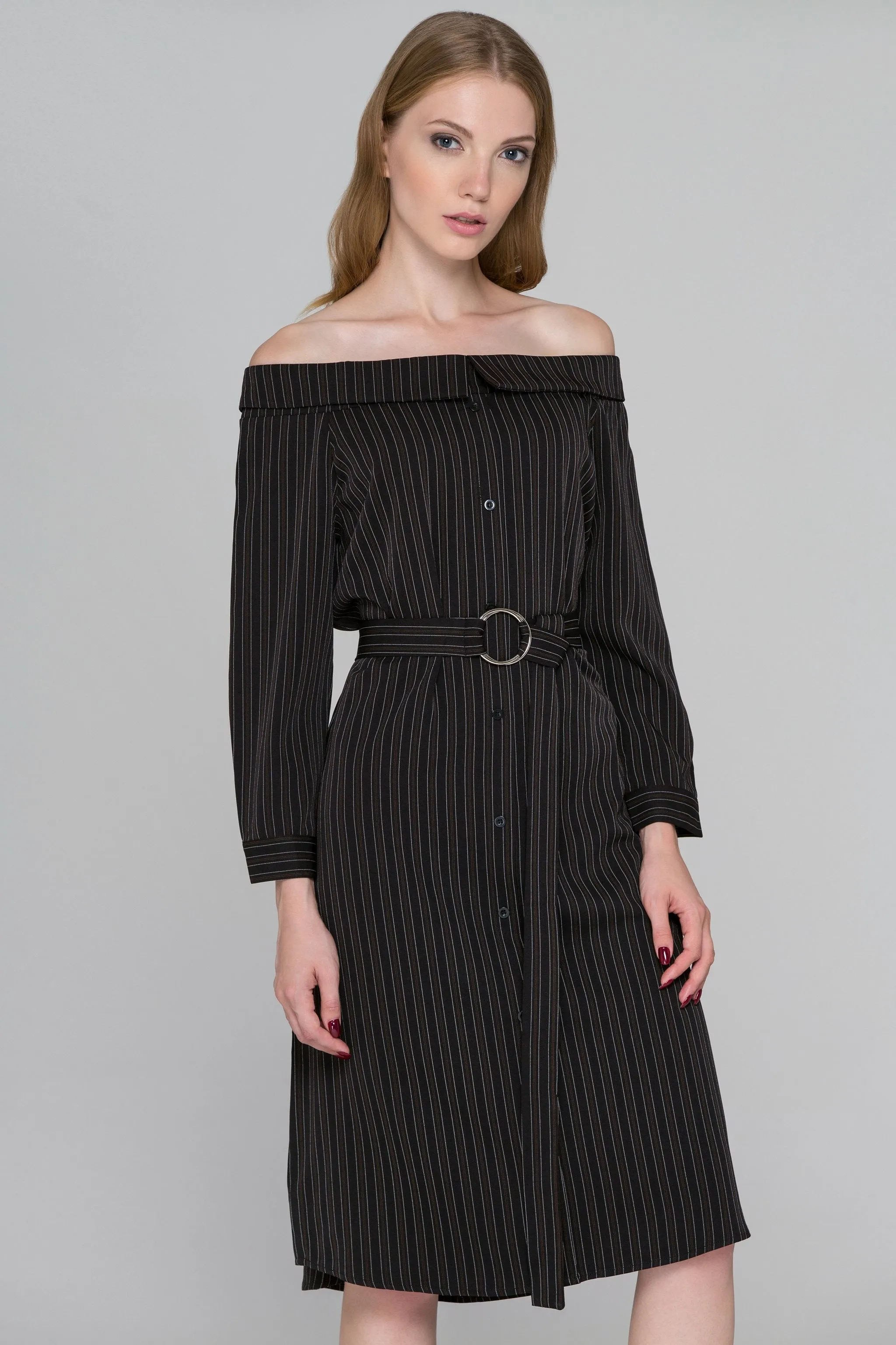 Dark Brown Pin Striped Off-the-Shoulder Midi Dress