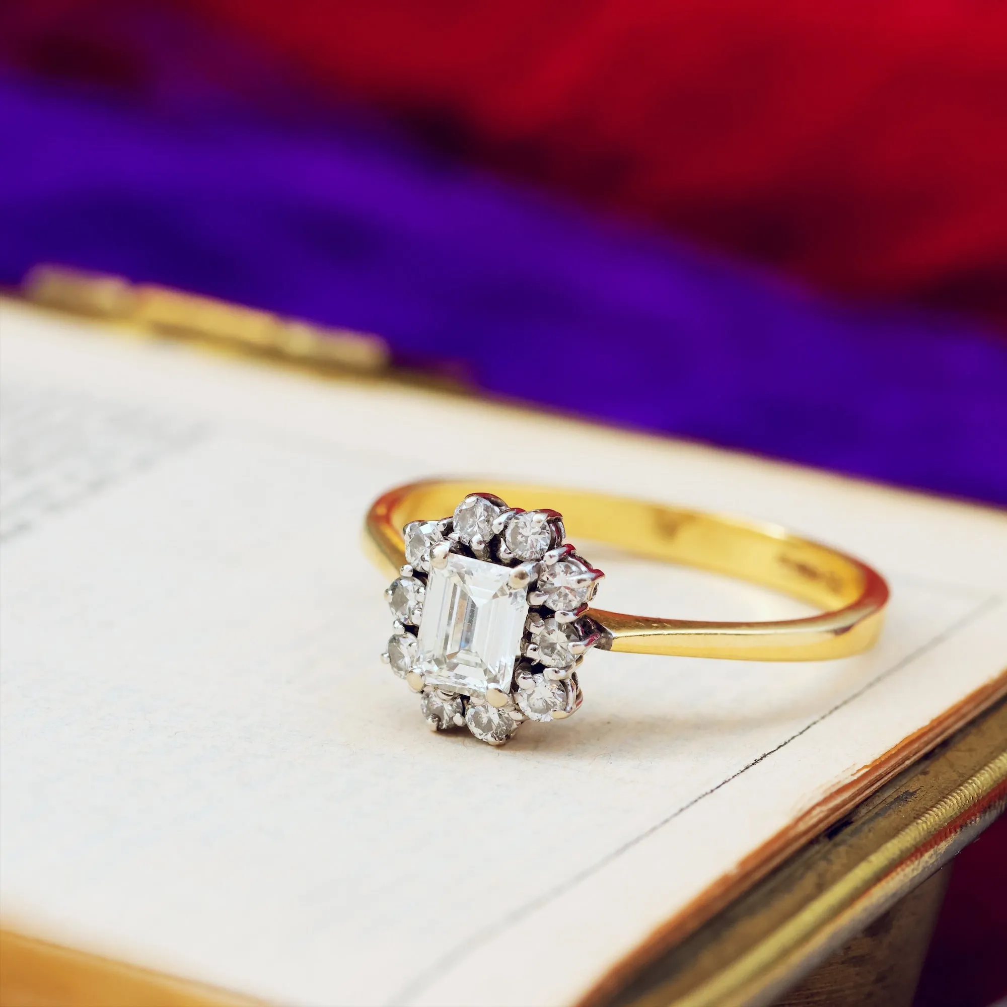 Date 1990 Emerald-Cut Diamond Cluster Engagement Ring