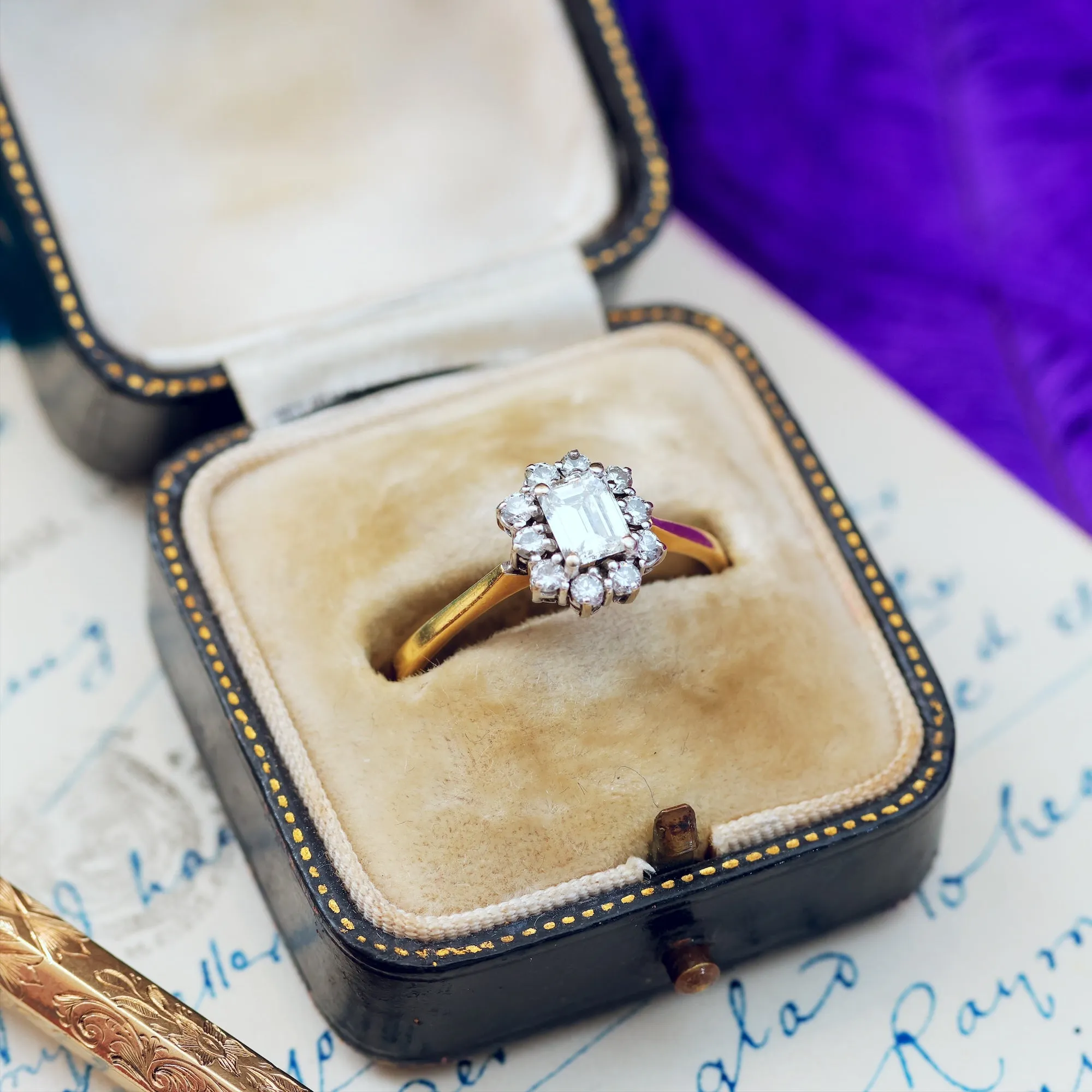 Date 1990 Emerald-Cut Diamond Cluster Engagement Ring