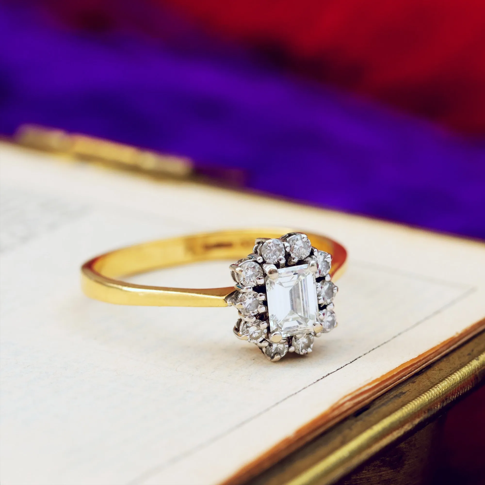 Date 1990 Emerald-Cut Diamond Cluster Engagement Ring