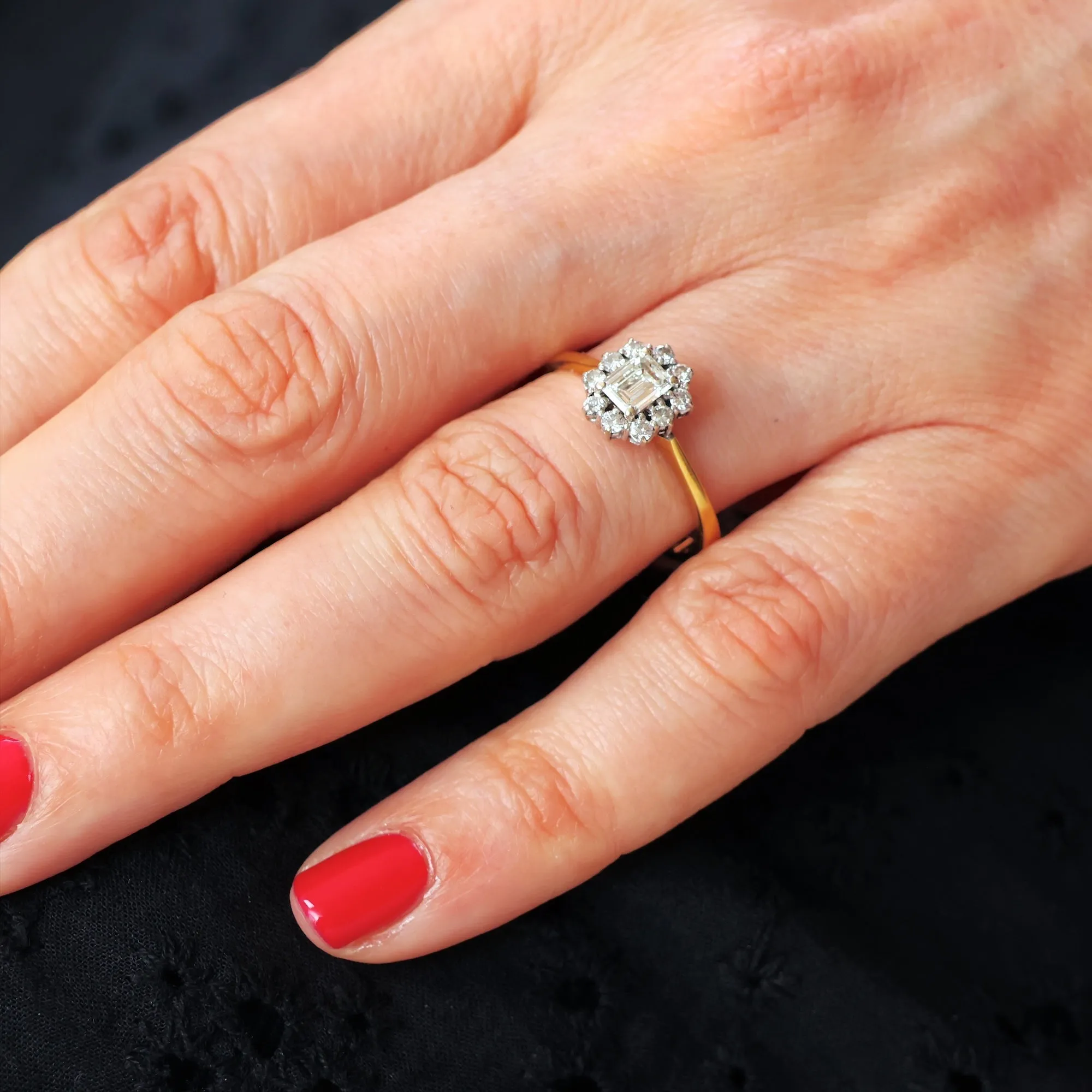 Date 1990 Emerald-Cut Diamond Cluster Engagement Ring