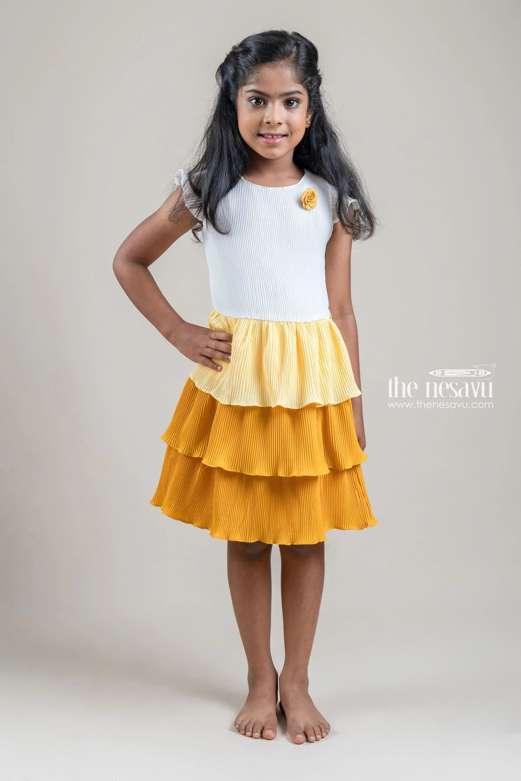 Dazzling Half White Yoke and Ombre Dyed Layered Casual Frock for Girls with Hip Belt