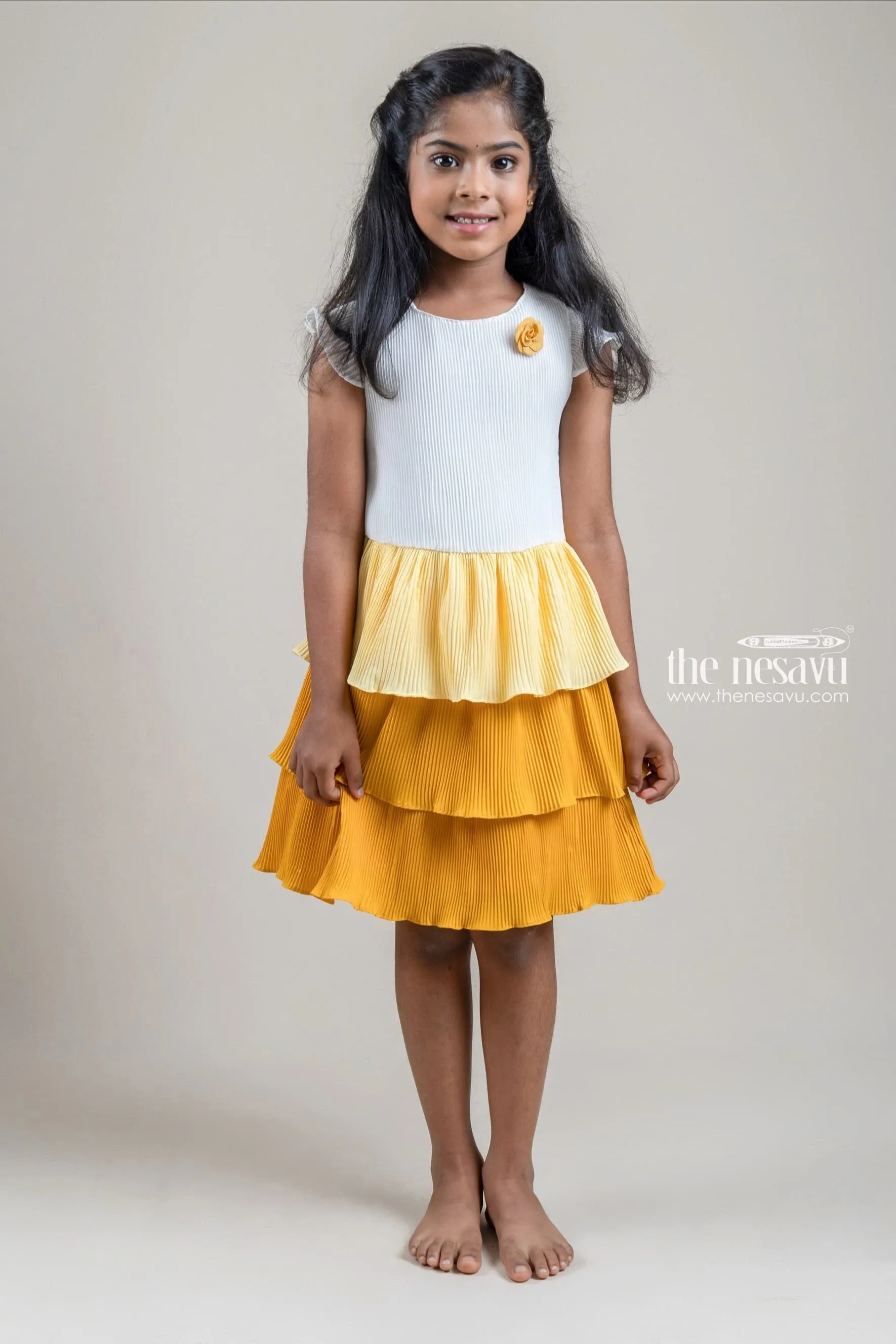 Dazzling Half White Yoke and Ombre Dyed Layered Casual Frock for Girls with Hip Belt