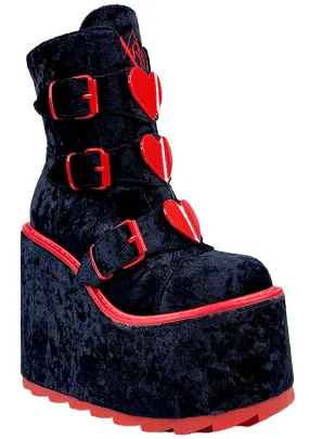 Dune Lo Heart Velvet Platform Boots in Black Red