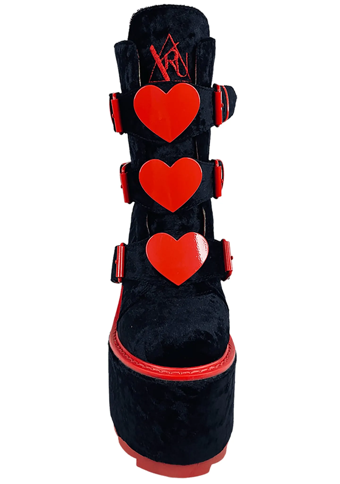 Dune Lo Heart Velvet Platform Boots in Black Red