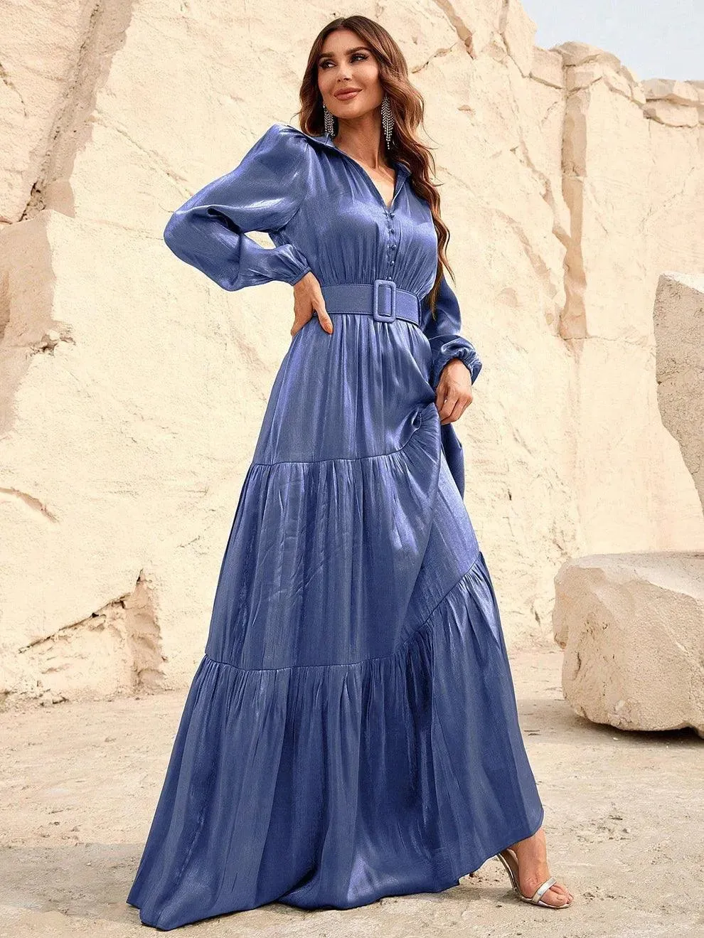 Elegant Bishop Sleeves Ruffle Hem Belted Dress