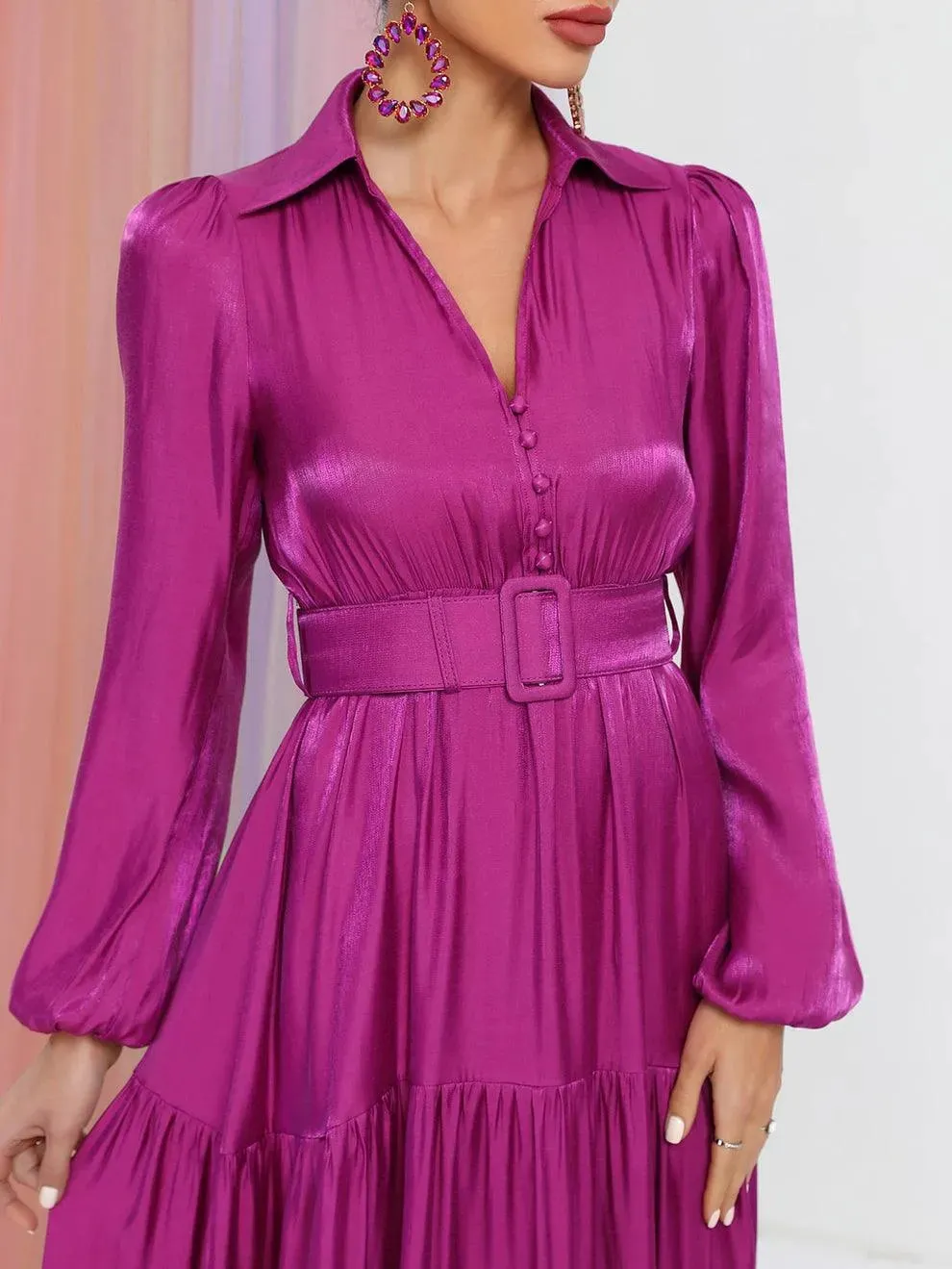 Elegant Bishop Sleeves Ruffle Hem Belted Dress