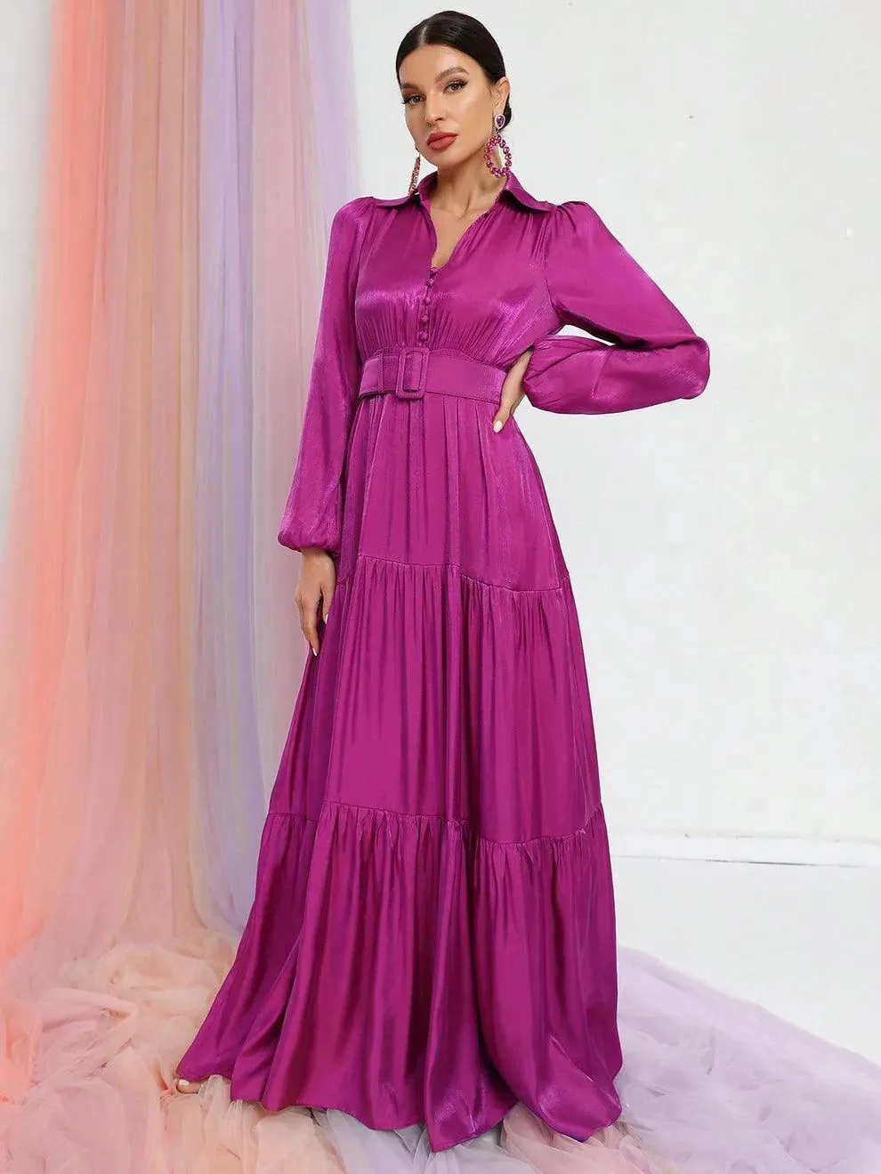 Elegant Bishop Sleeves Ruffle Hem Belted Dress