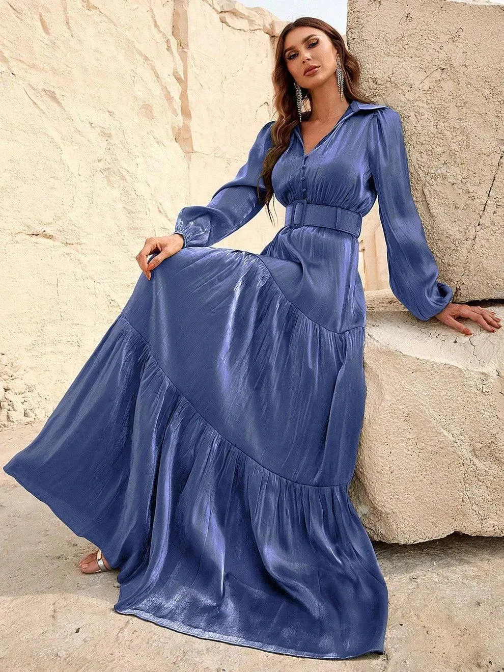 Elegant Bishop Sleeves Ruffle Hem Belted Dress