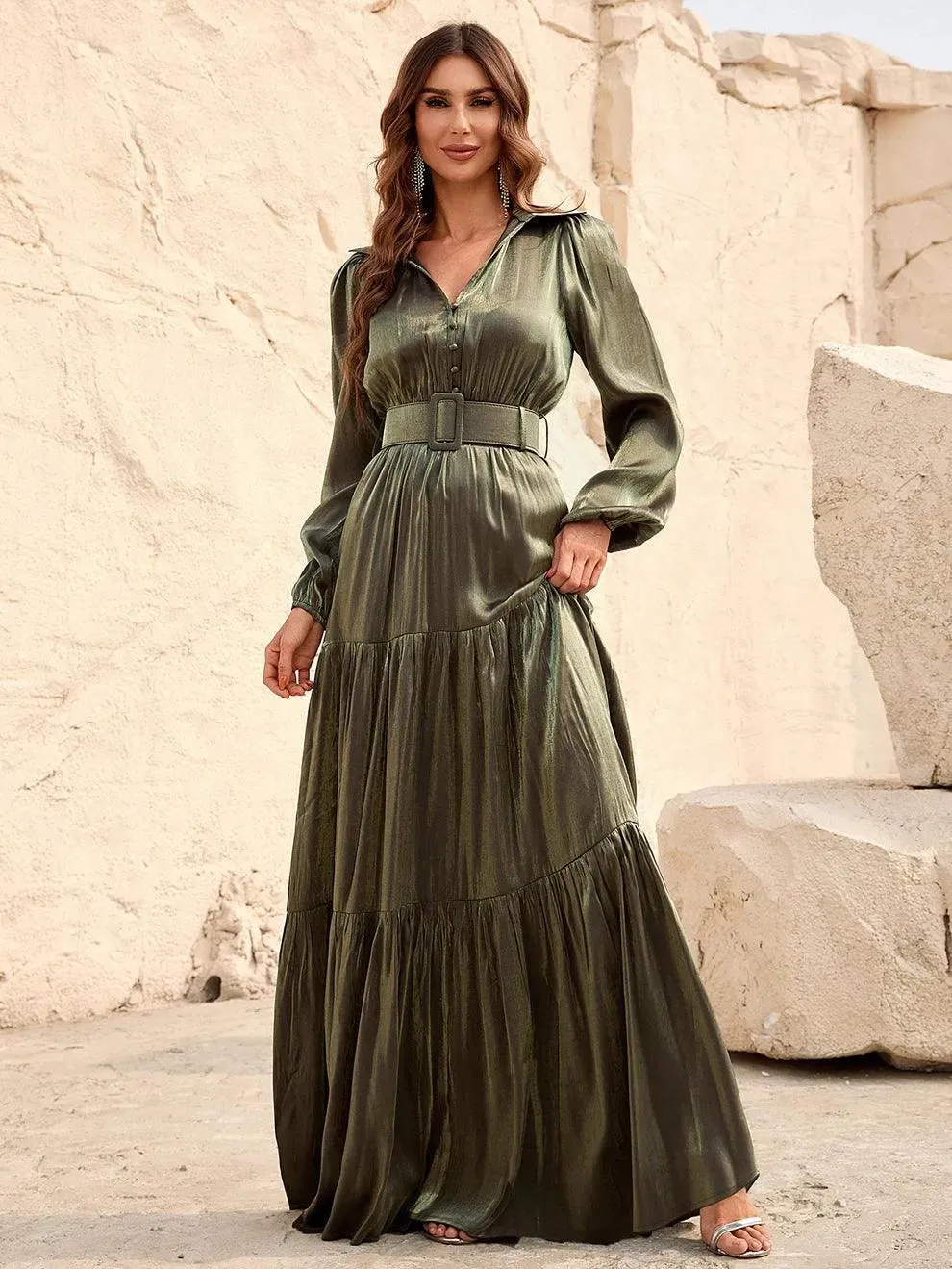 Elegant Bishop Sleeves Ruffle Hem Belted Dress