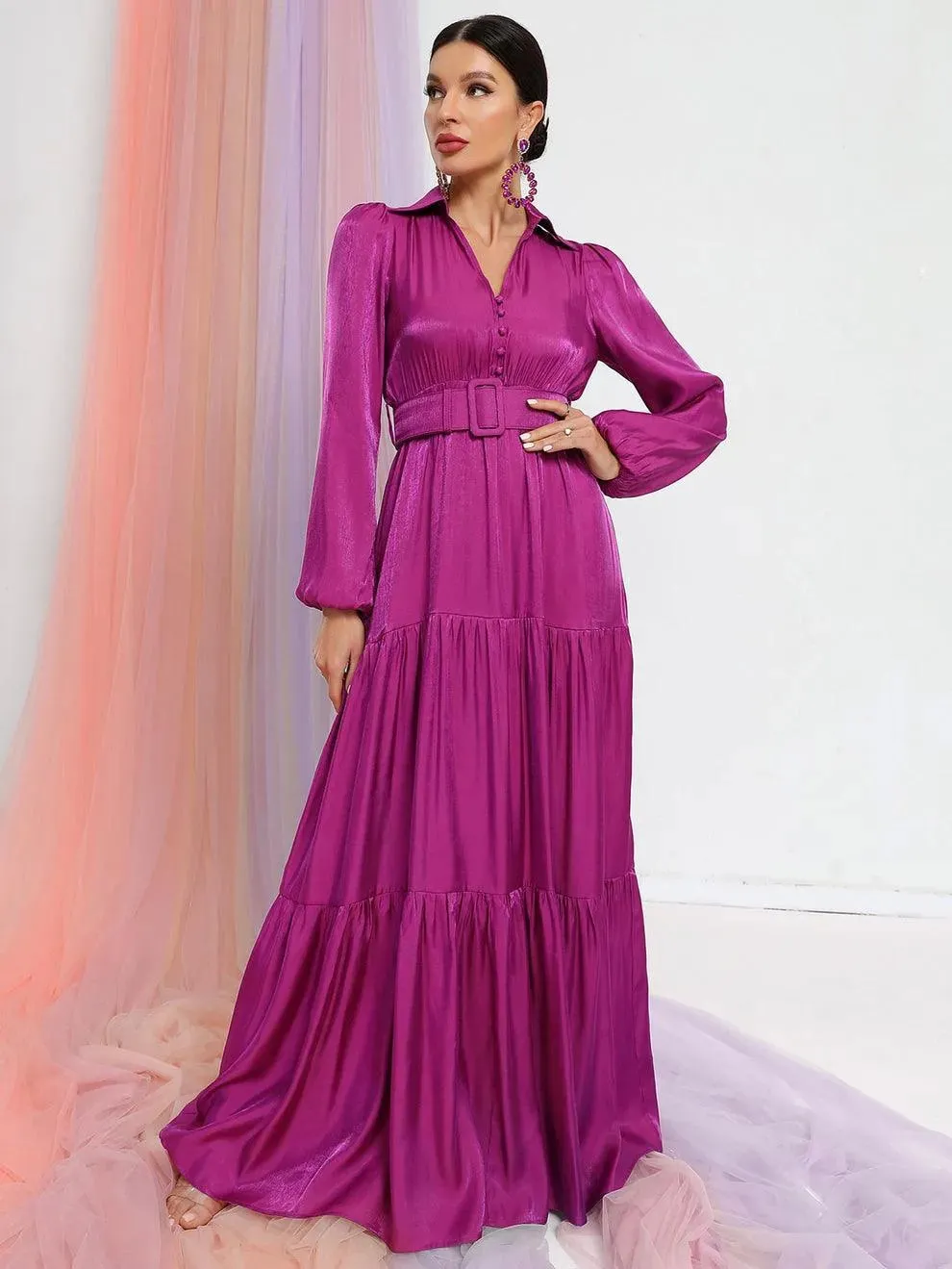 Elegant Bishop Sleeves Ruffle Hem Belted Dress