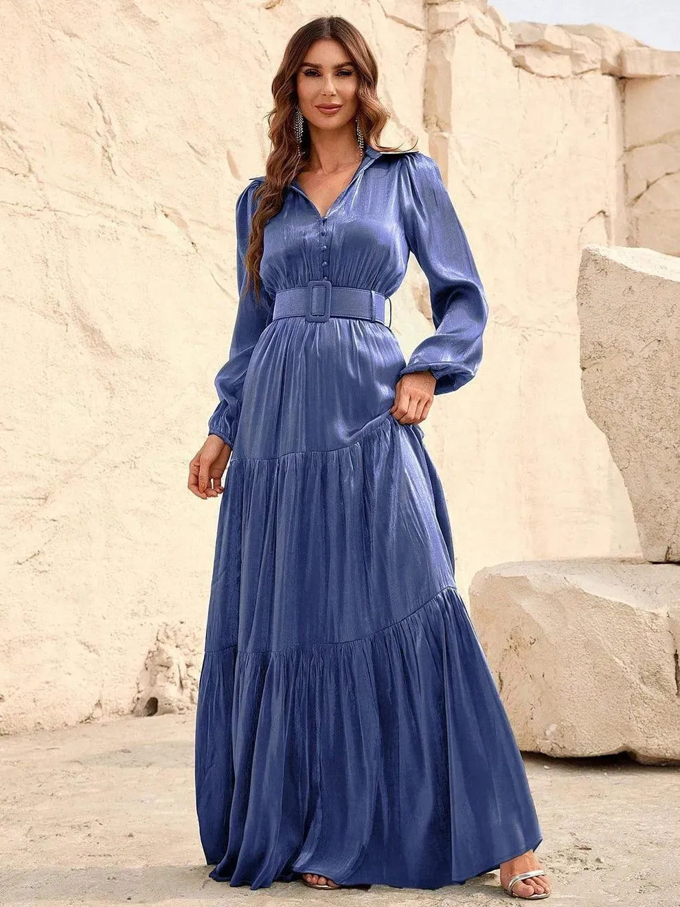 Elegant Bishop Sleeves Ruffle Hem Belted Dress