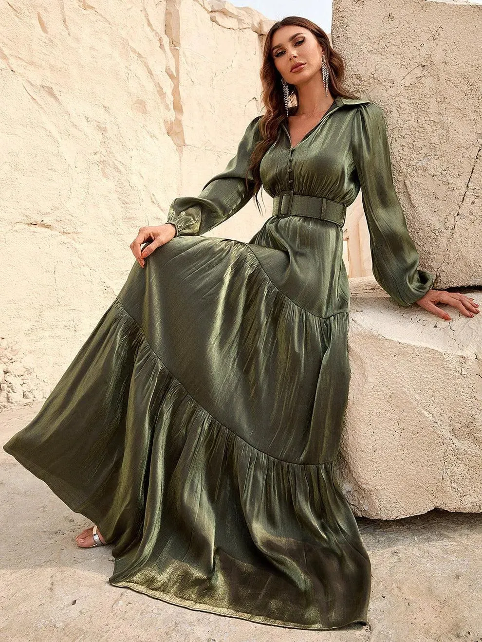 Elegant Bishop Sleeves Ruffle Hem Belted Dress