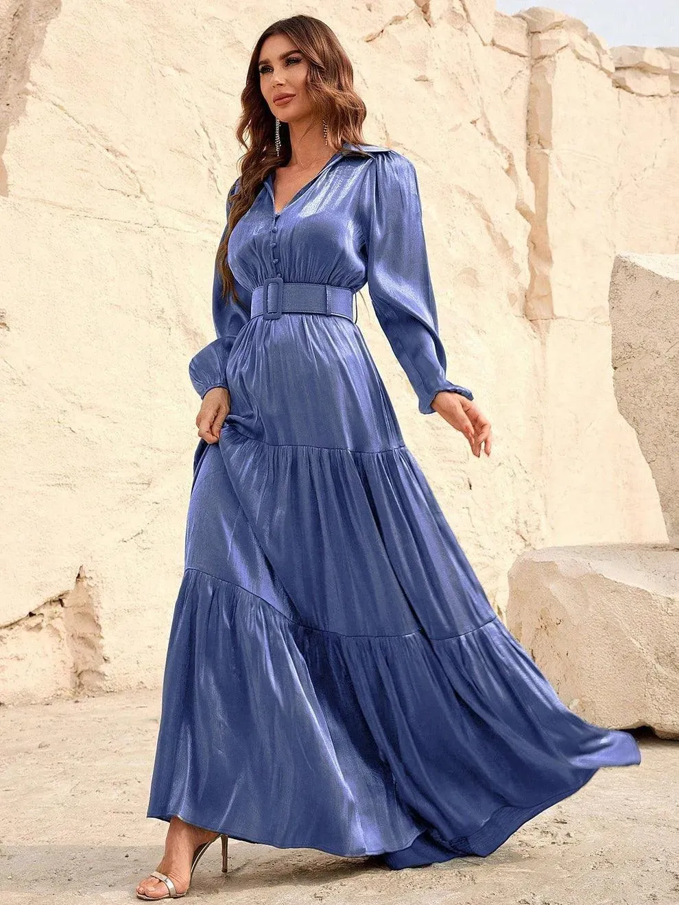 Elegant Bishop Sleeves Ruffle Hem Belted Dress