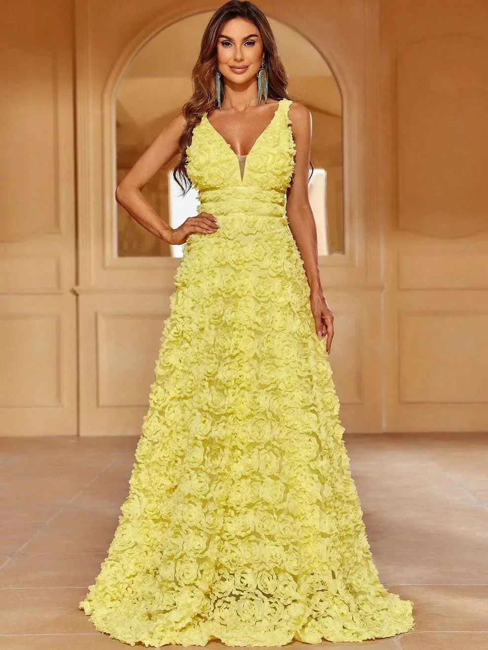 Elegant Plunging Neck Sleeveless 3D Flower A-Line Dresses