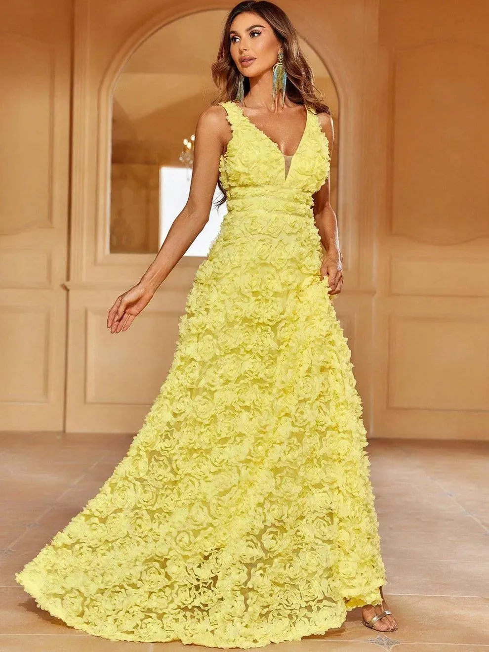 Elegant Plunging Neck Sleeveless 3D Flower A-Line Dresses