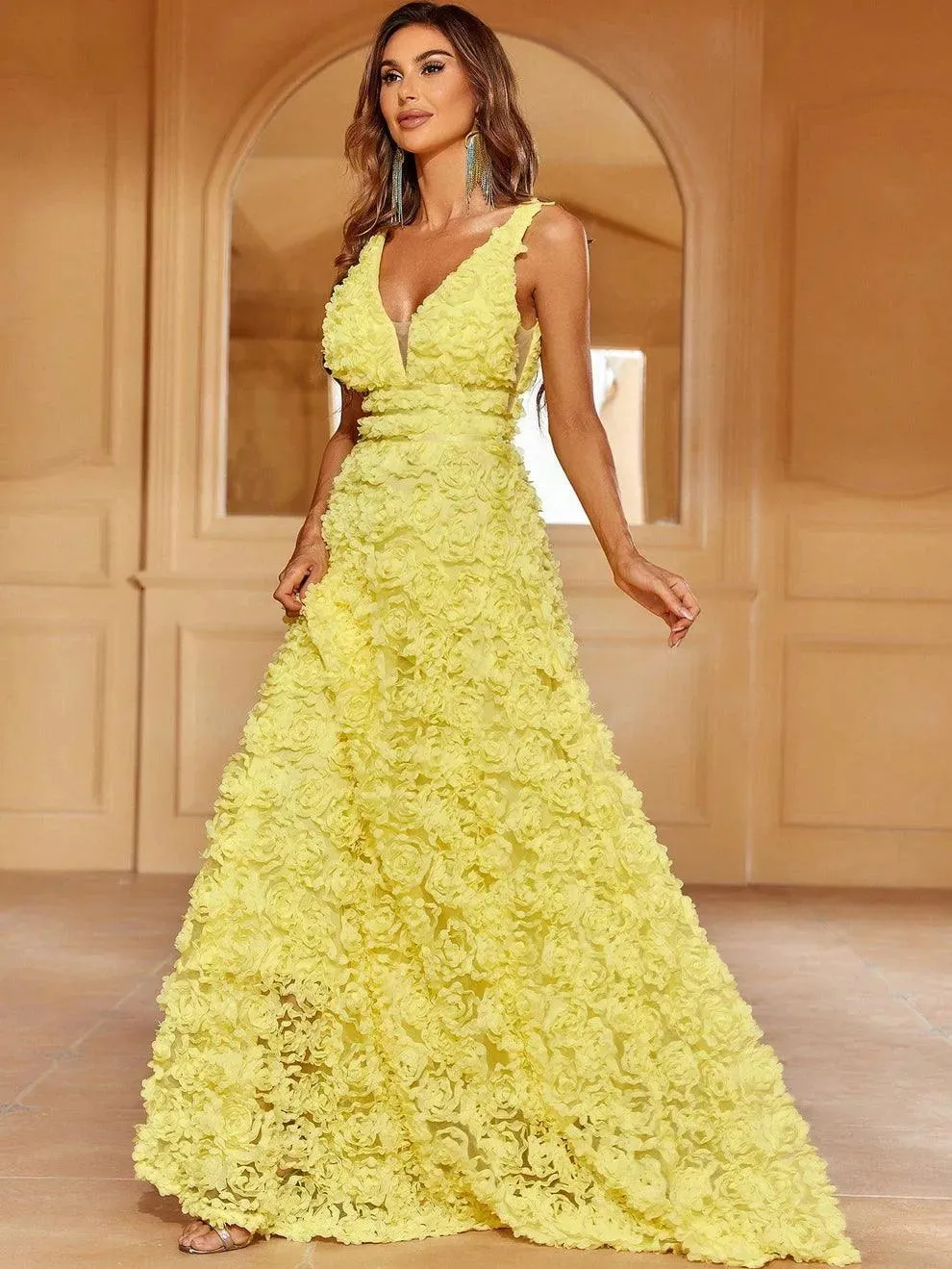 Elegant Plunging Neck Sleeveless 3D Flower A-Line Dresses