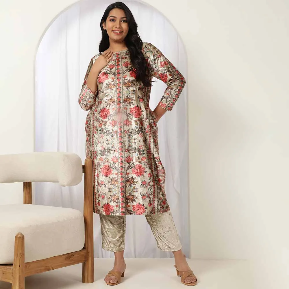 Ethnic Floral Round Neck Velvet Kurta