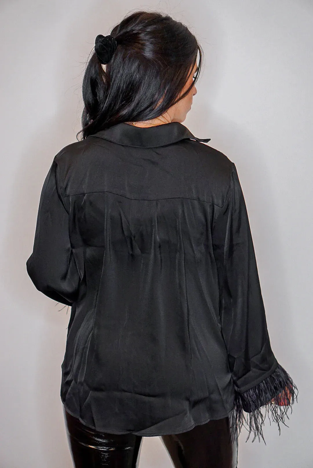 Feather Elegance Black Satin Top