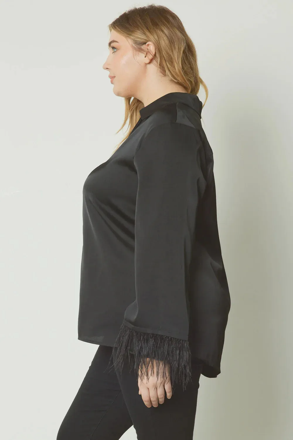 Feather Elegance Black Satin Top