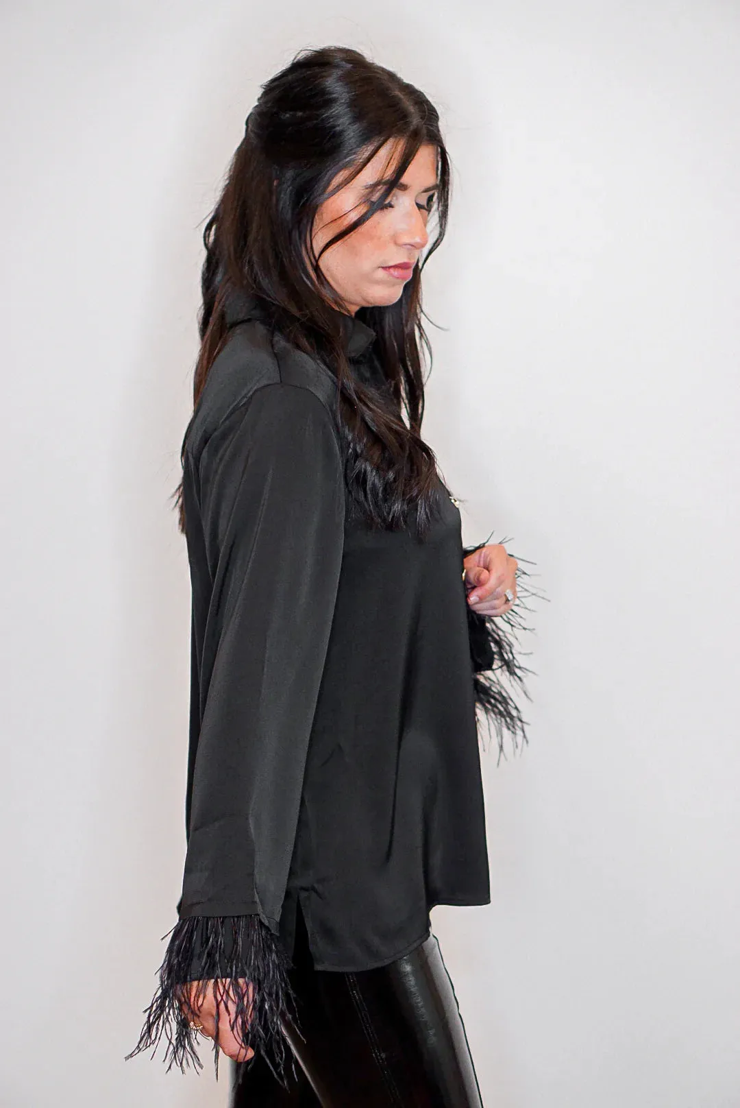 Feather Elegance Black Satin Top