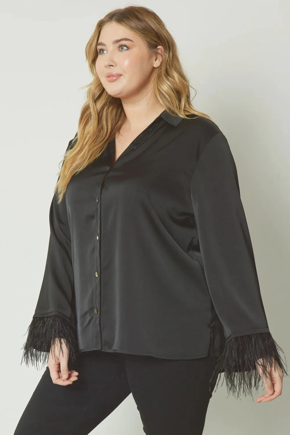 Feather Elegance Black Satin Top