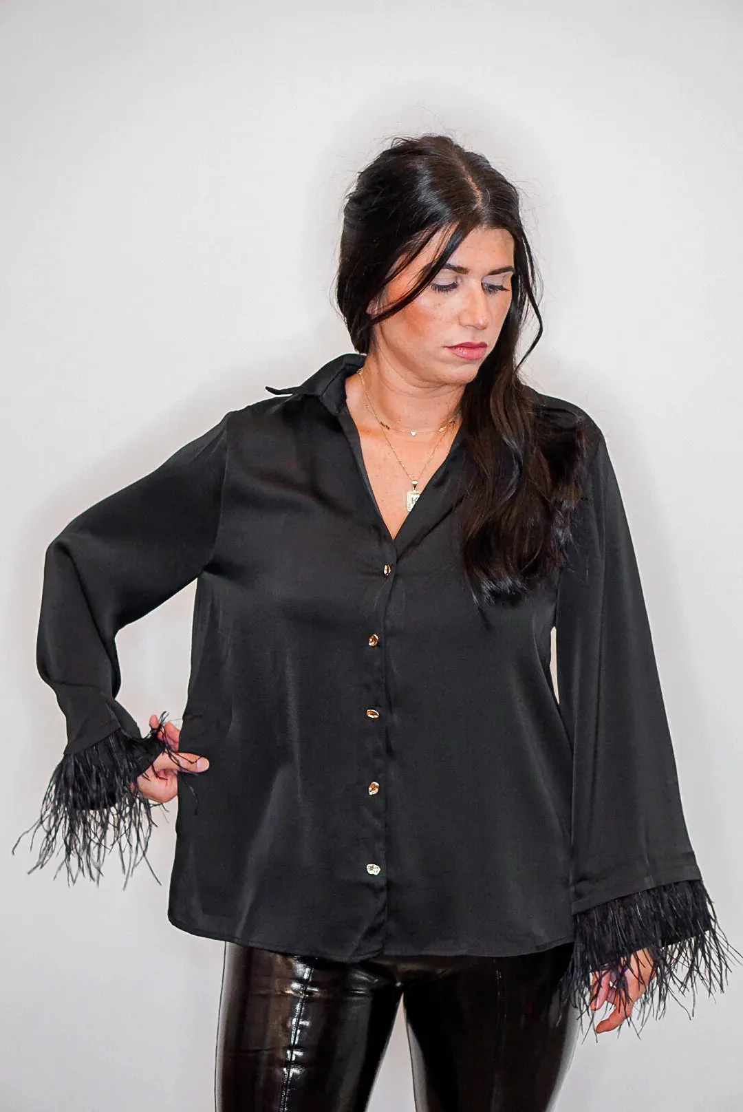 Feather Elegance Black Satin Top