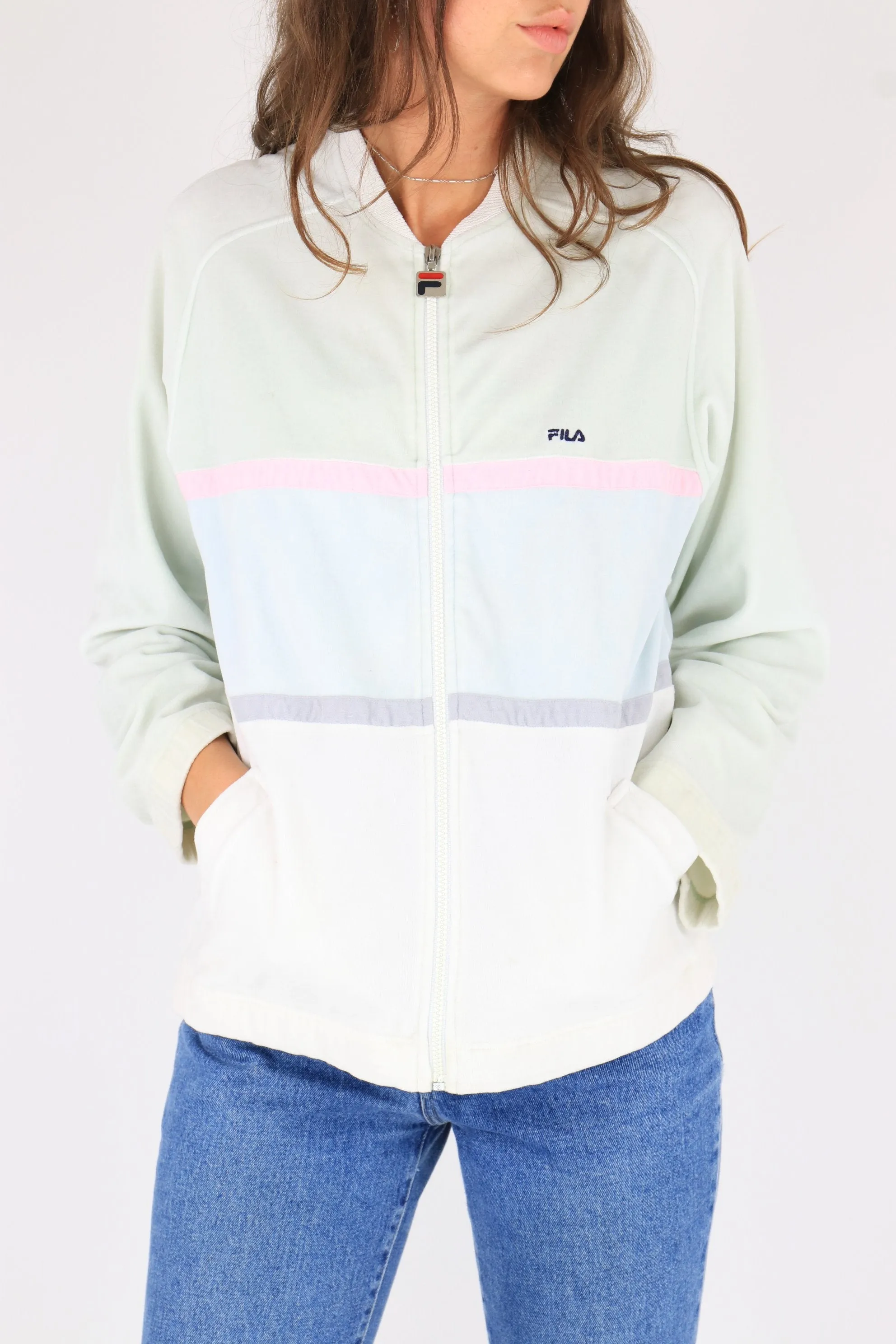 Fila Velour Track Jacket Cream/Pink Large