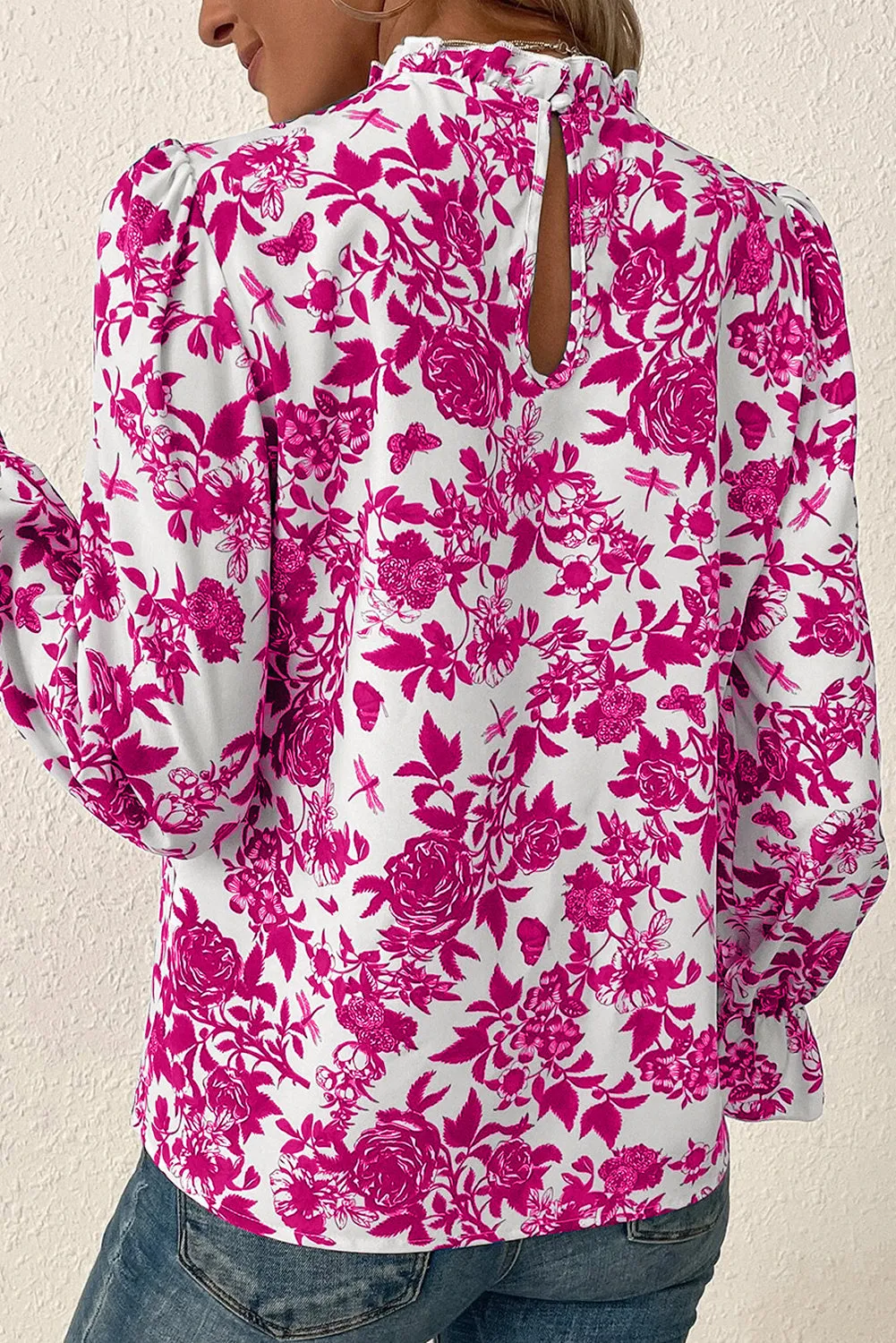 Floral Print Flounce Sleeve Keyhole Back Blouse