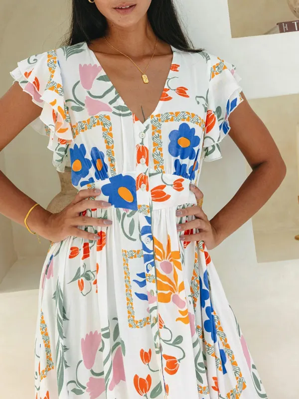 Floral Printed V Neck Cute Maxi Dress