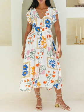 Floral Printed V Neck Cute Maxi Dress