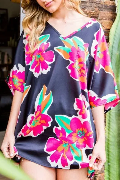 Flower Print Satin Top- Black Mix