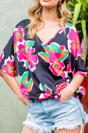 Flower Print Satin Top- Black Mix