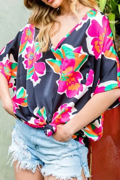 Flower Print Satin Top- Black Mix