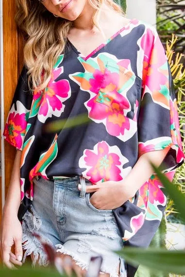 Flower Print Satin Top- Black Mix