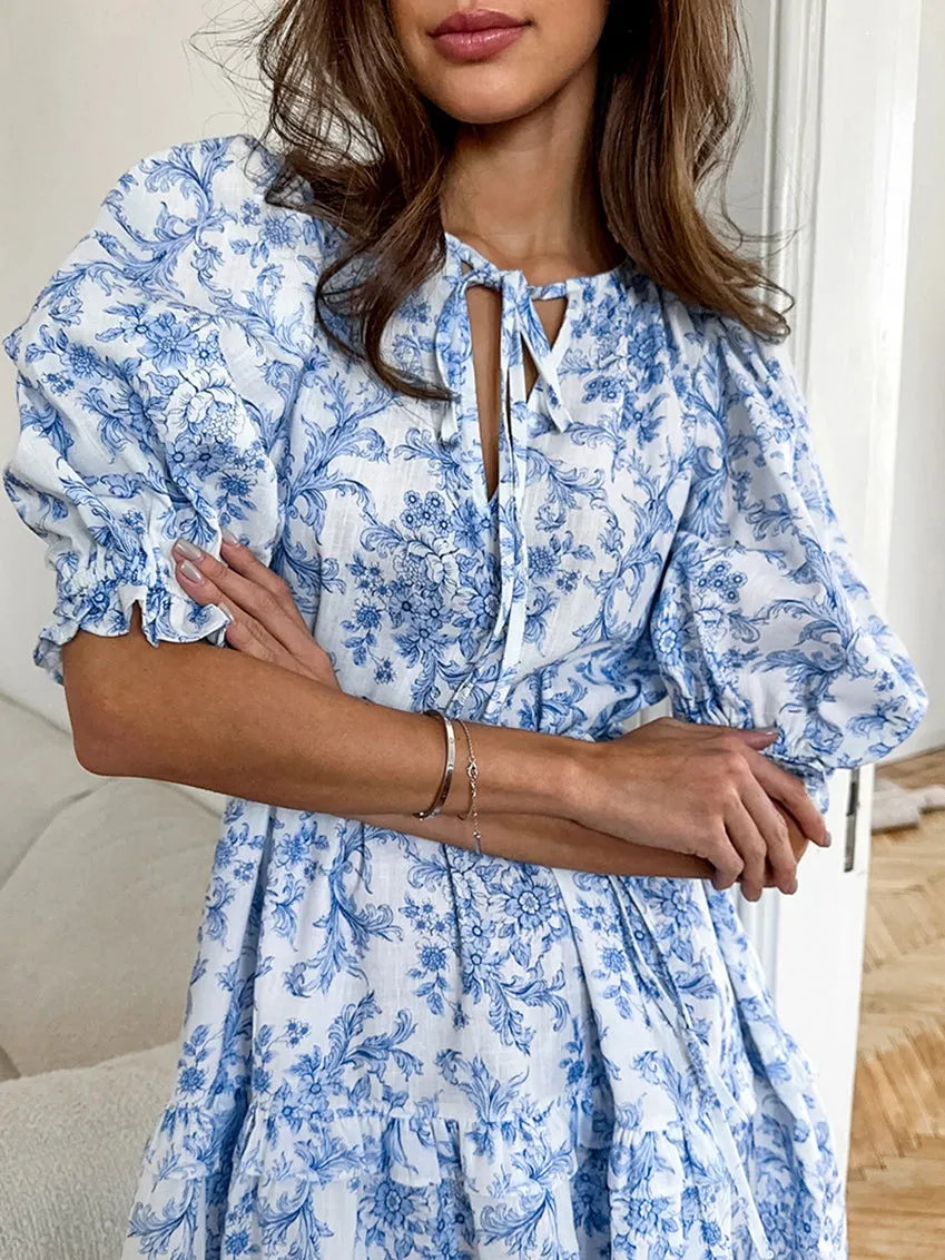 Flower Print Tie Up Puff Sleeve Mini Dress