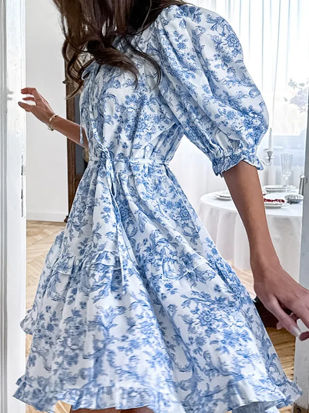 Flower Print Tie Up Puff Sleeve Mini Dress