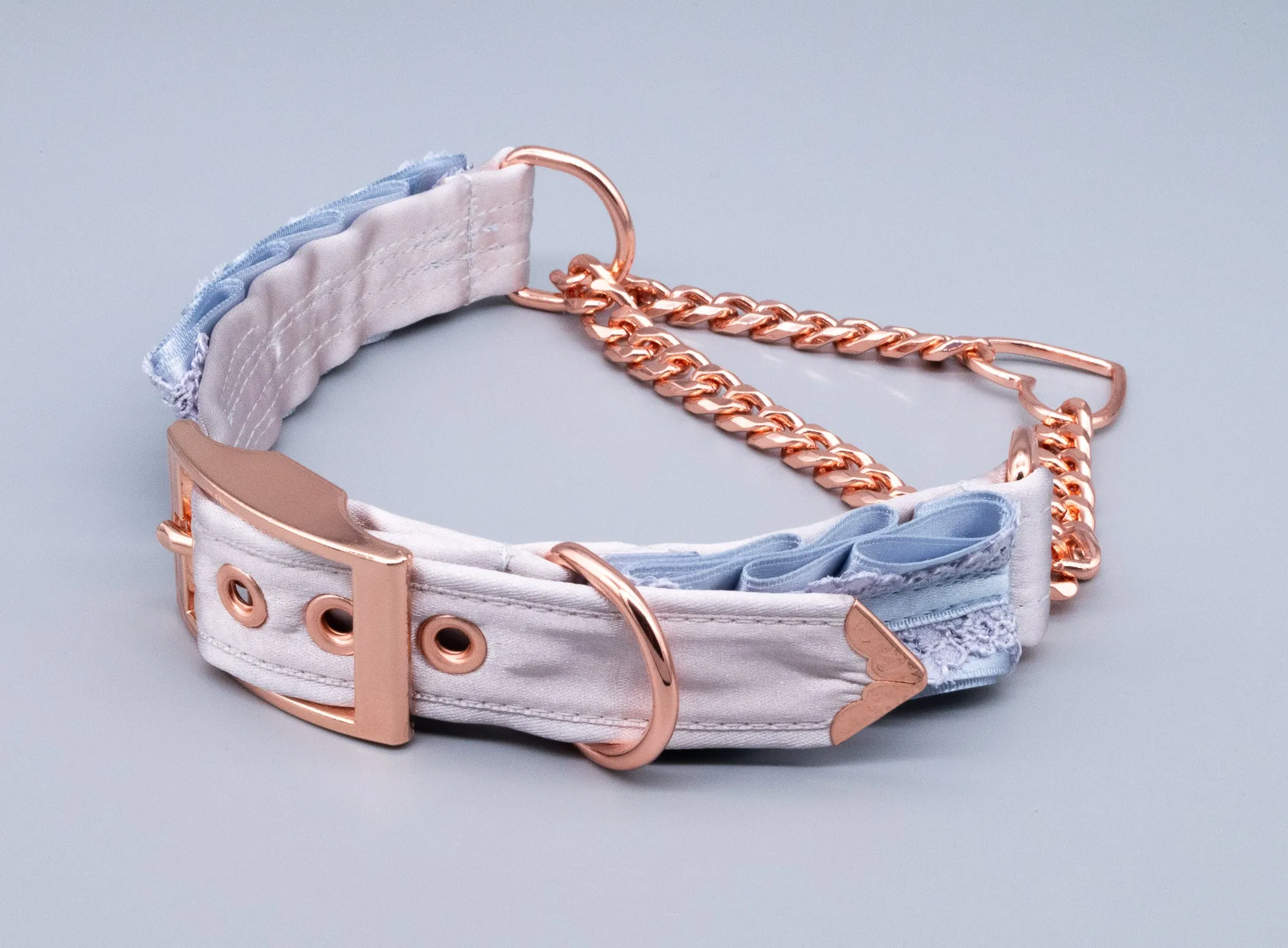 French Blue & Dusty Lilac Lace Mini O-ring Martingale Collar