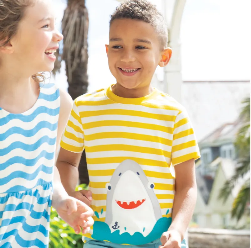 Frugi Sid Applique T-shirt - Dandelion Stripe/Shark