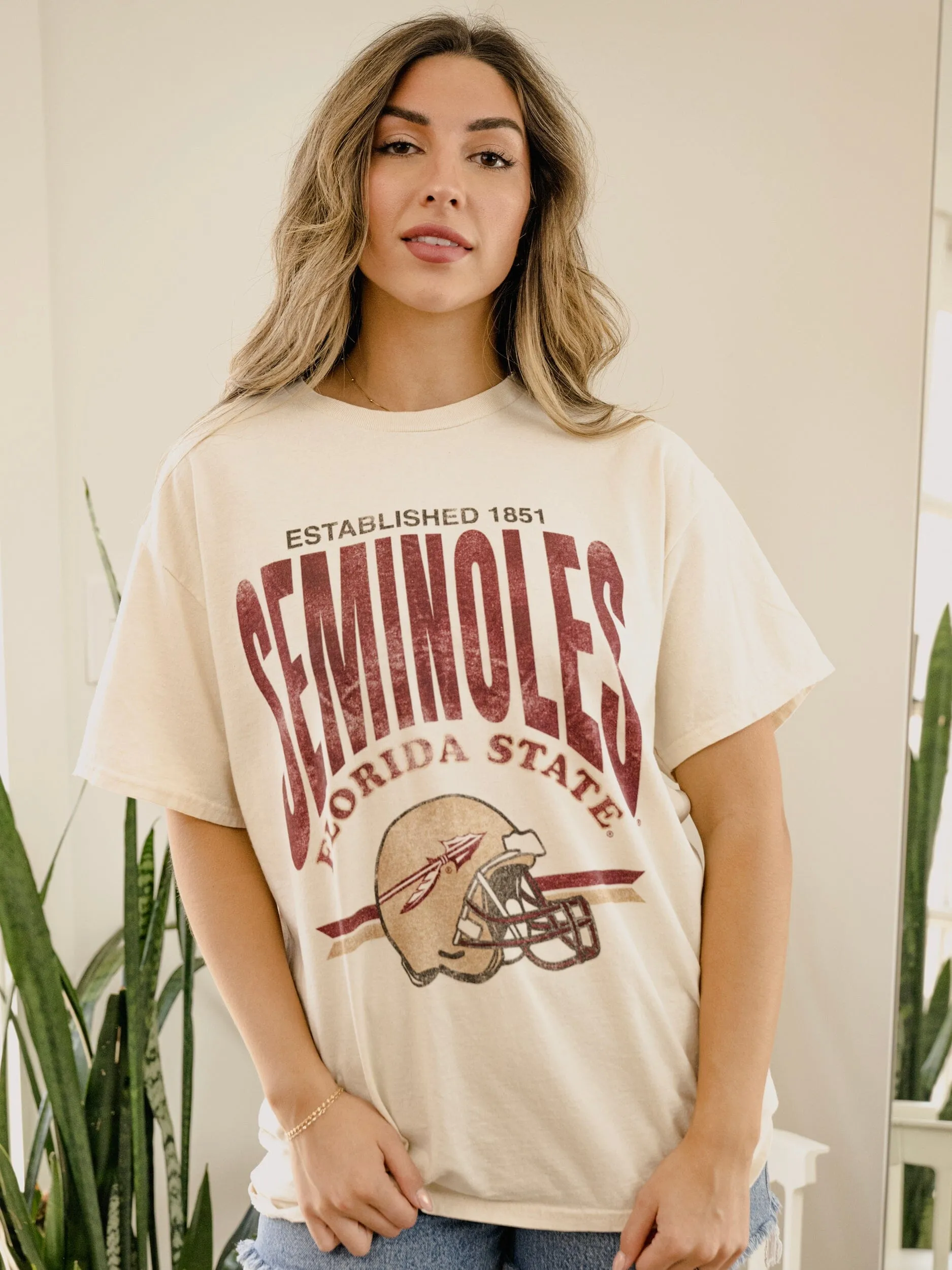 FSU Seminoles Established Date Helmet Off White Thrifted Tee