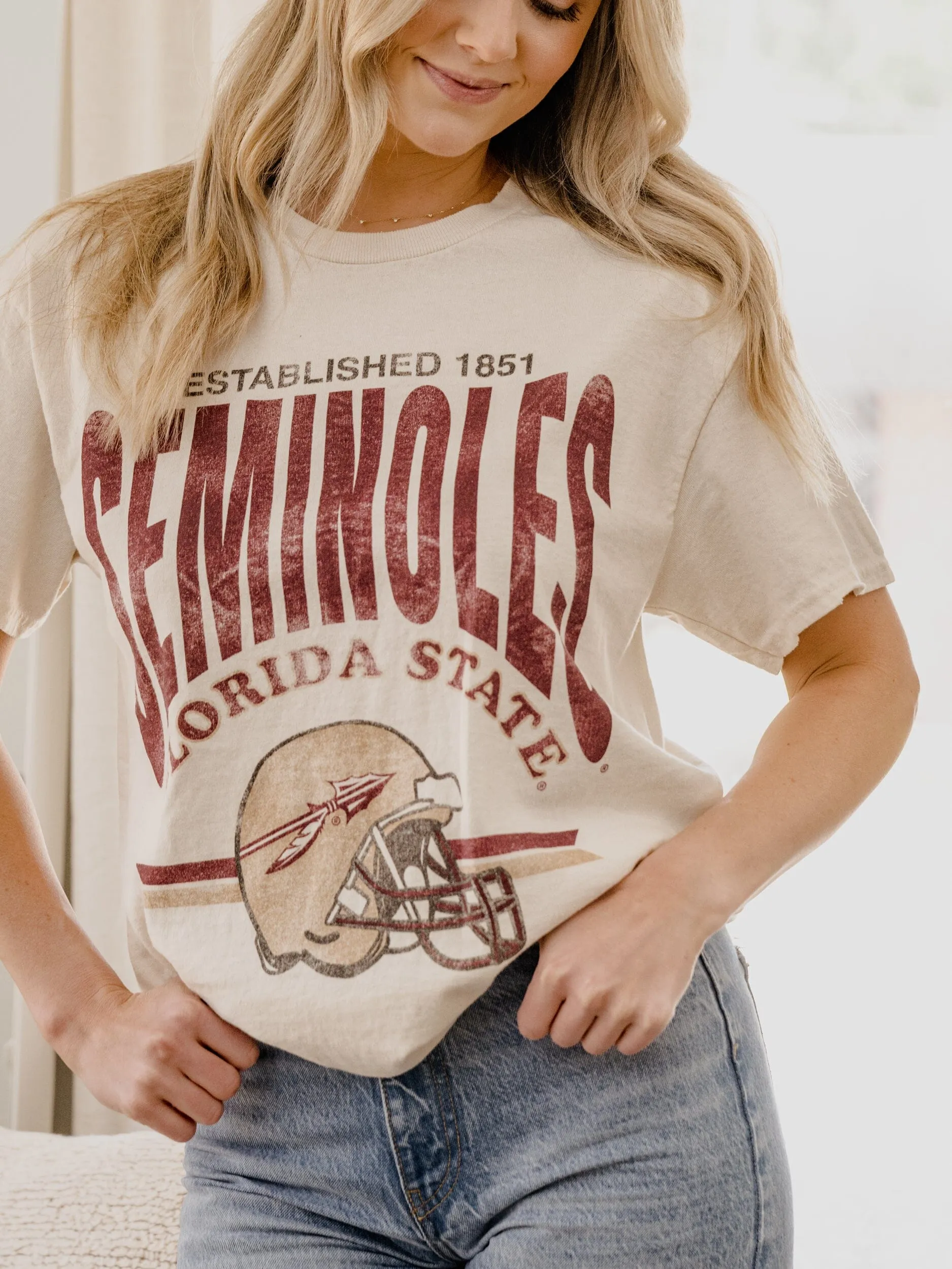 FSU Seminoles Established Date Helmet Off White Thrifted Tee