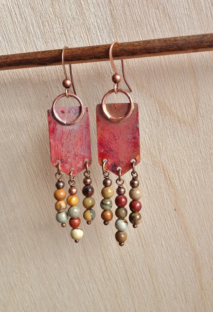 Geometric Copper Earrings with Colorful Red Creek Jasper Dangles