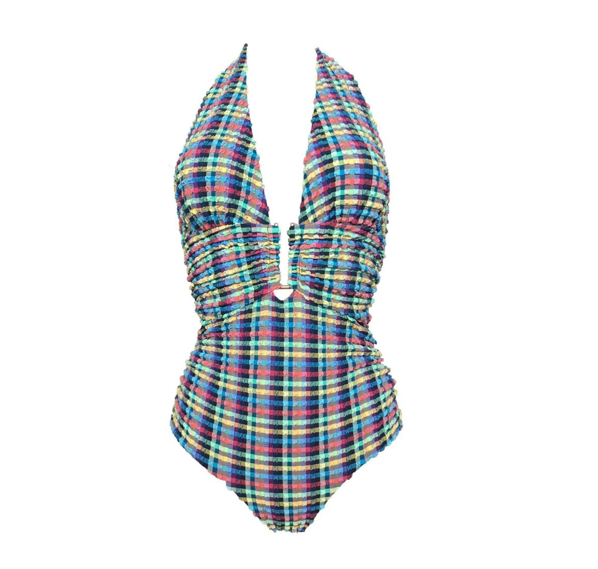 Gingham waffle gold detail multi-tie swimsuit [Blue Gingham]