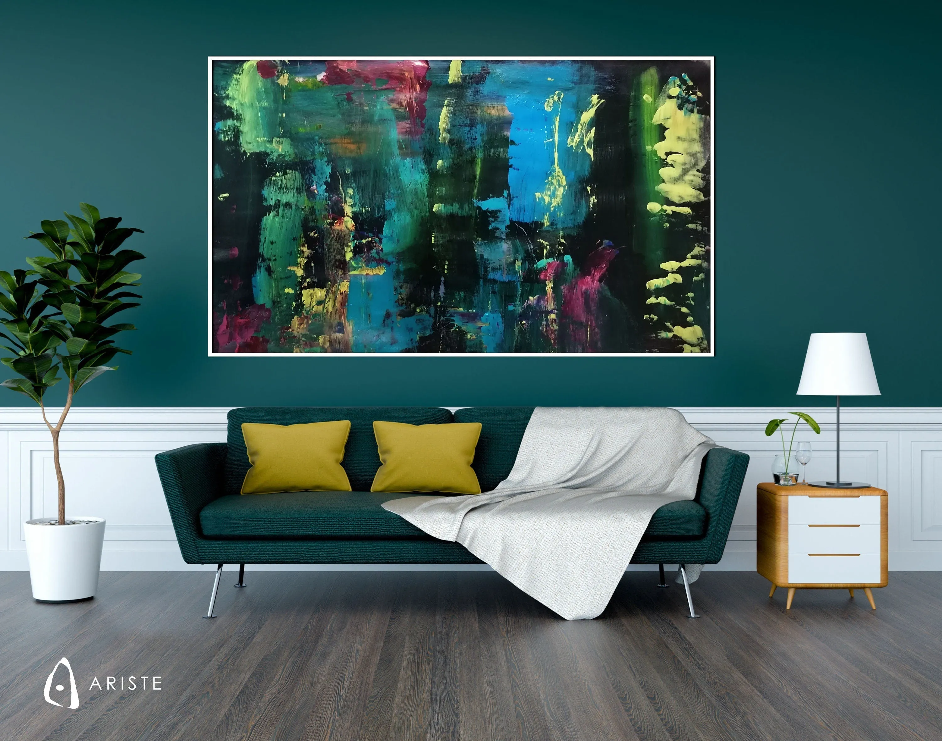 Green, purple & yellow large abstract paintings made to order in a custom size