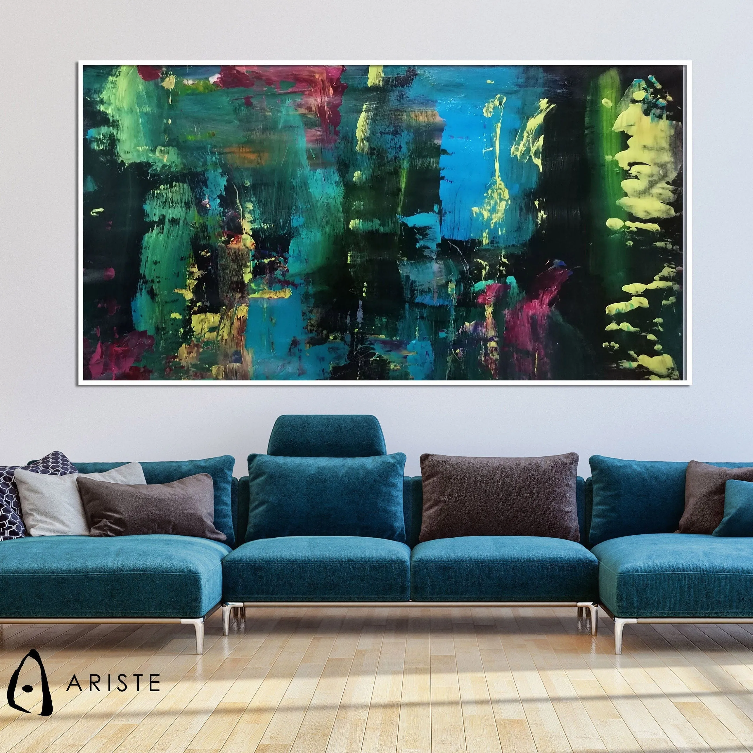 Green, purple & yellow large abstract paintings made to order in a custom size