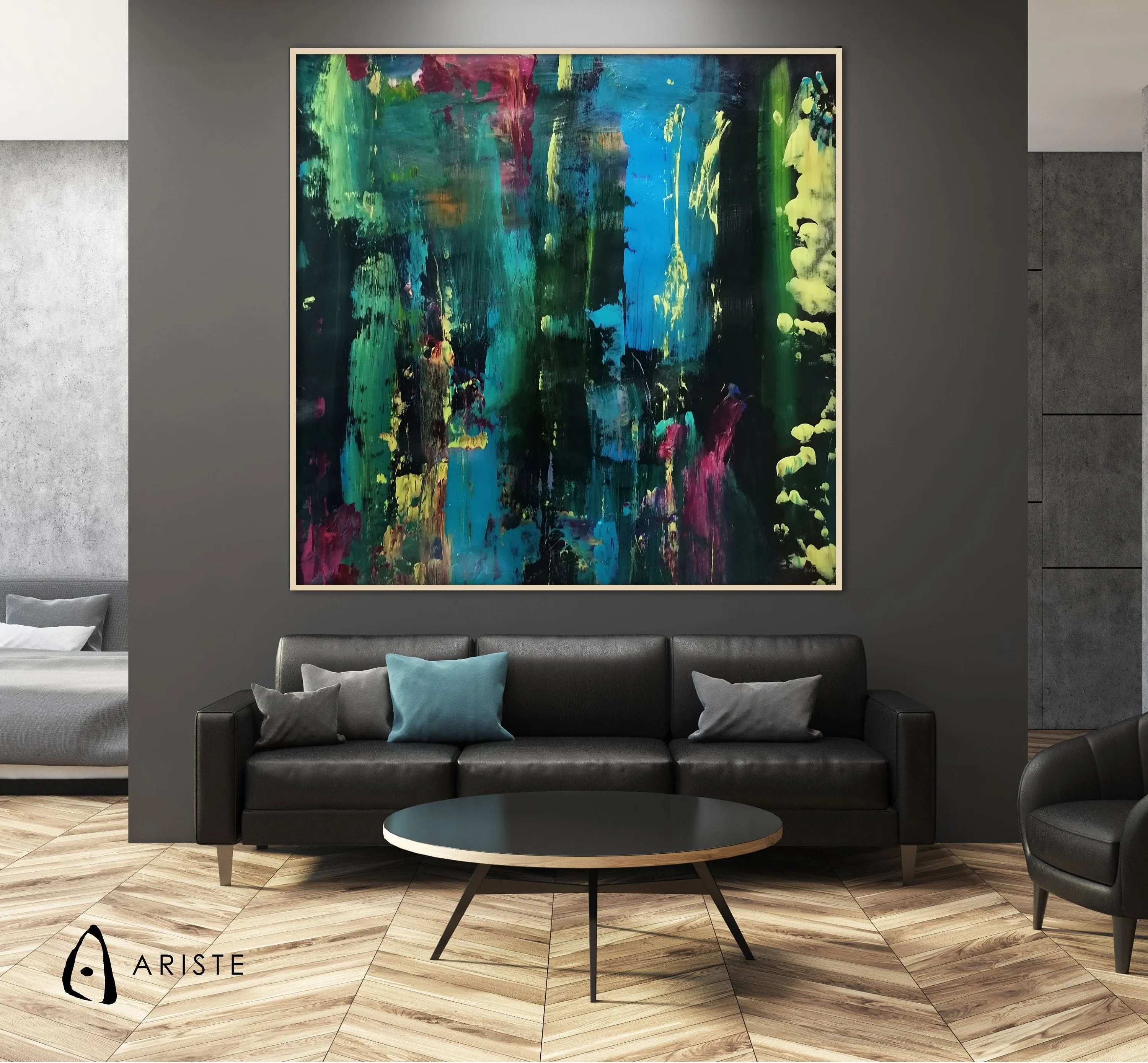 Green, purple & yellow large abstract paintings made to order in a custom size