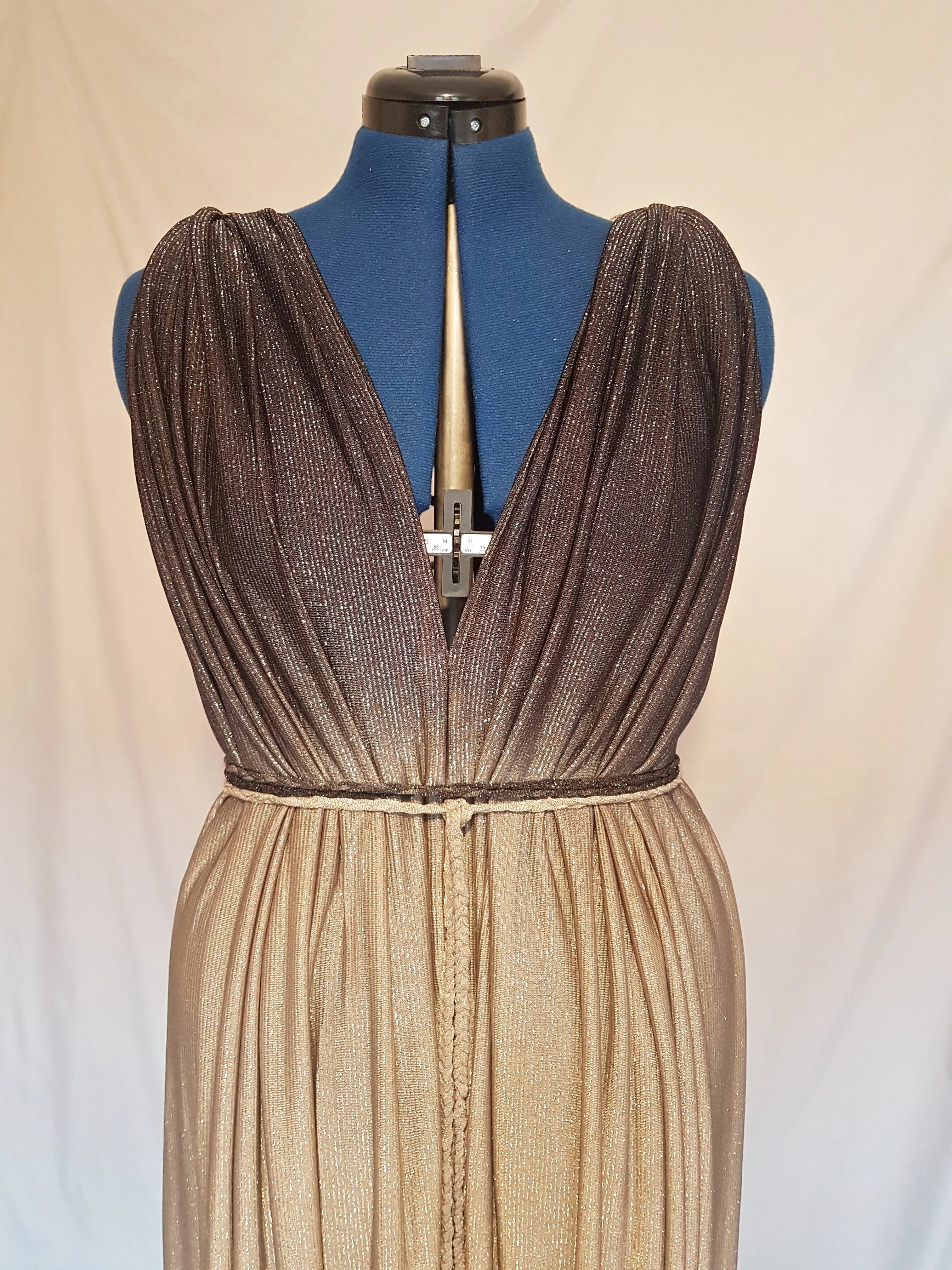 Grey Silver Striped Metallic Grecian Plunge Dress