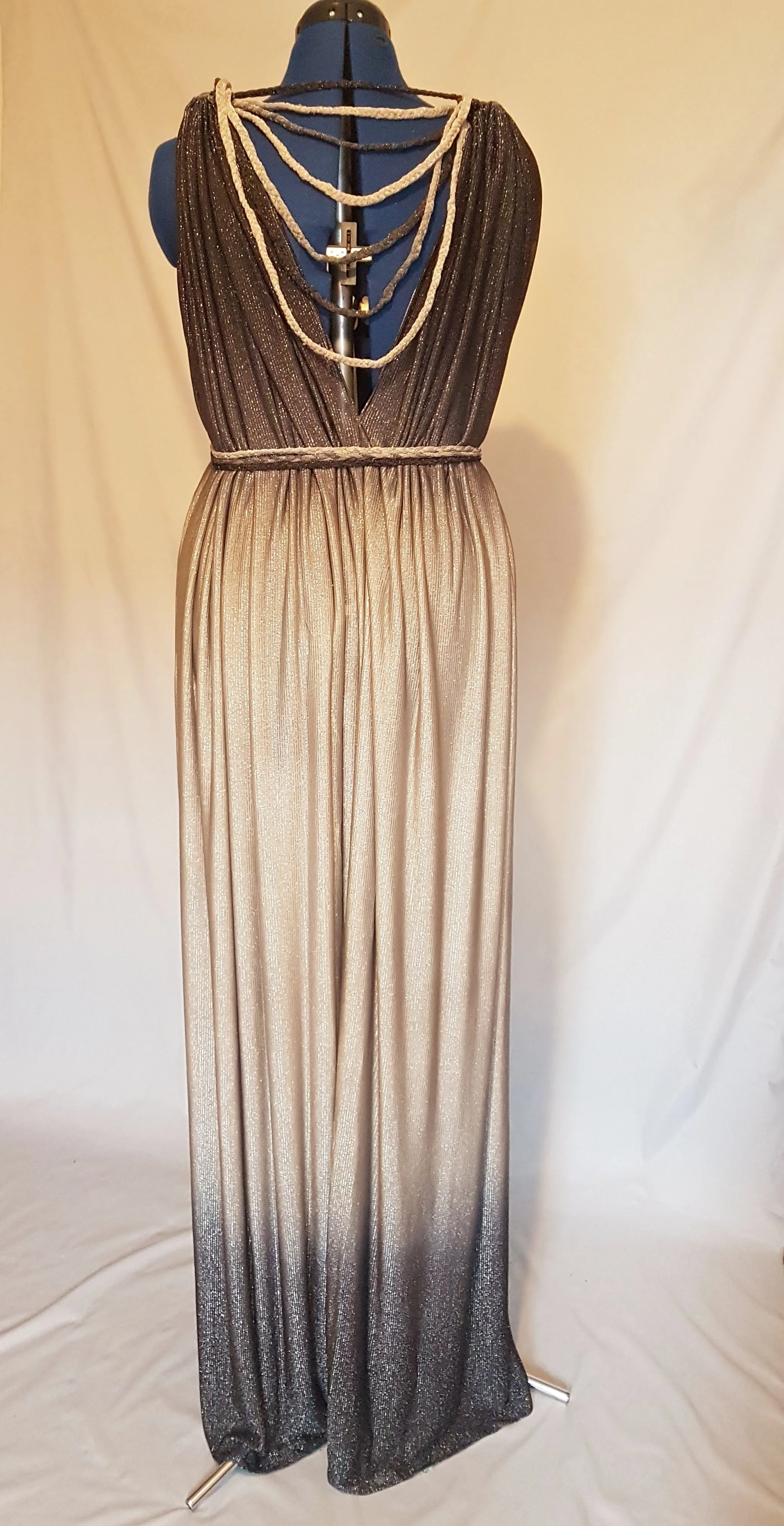 Grey Silver Striped Metallic Grecian Plunge Dress